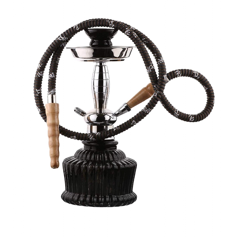 Moksha 12 Inch Tall Glass Smoking Hookah/Shisha with Metal Plate/Ash Catcher and Ceramic Chillum/Bowl Black & Silver