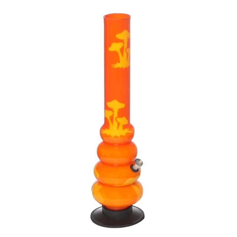 Moksha 16 Inch Tall Orange Colors 4 Bulb Acrylic Waterpipe Bong with Yellow Mushroom Print.